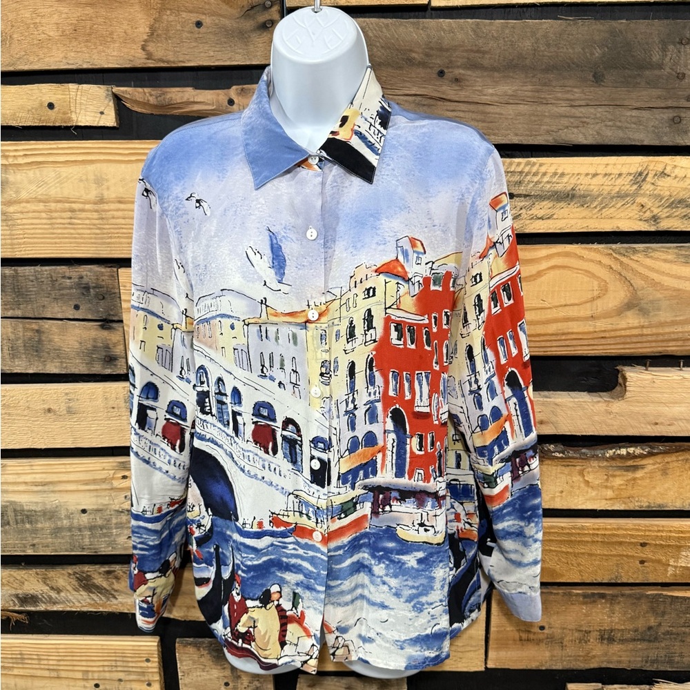 Vintage Michael Leu wearable art silk blouse
Venice Italy impressionist print L - Picture 3 of 8